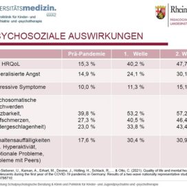 Low HRQoL (low health related quality of life) bedeutet übersetzt etwa "niedrige gesundheitsbezogene Lebensqualität". Diese korreliert unter anderem mit chronischen Beschwerden, Ängsten und anderen psychosozialen Auswirkungen. Die Tabelle zeigt einen signifikaten Anstieg verminderter Lebensqualität nach den ersten beiden Corona-Wellen im Vergleich zur Vor-Corona-Phase.